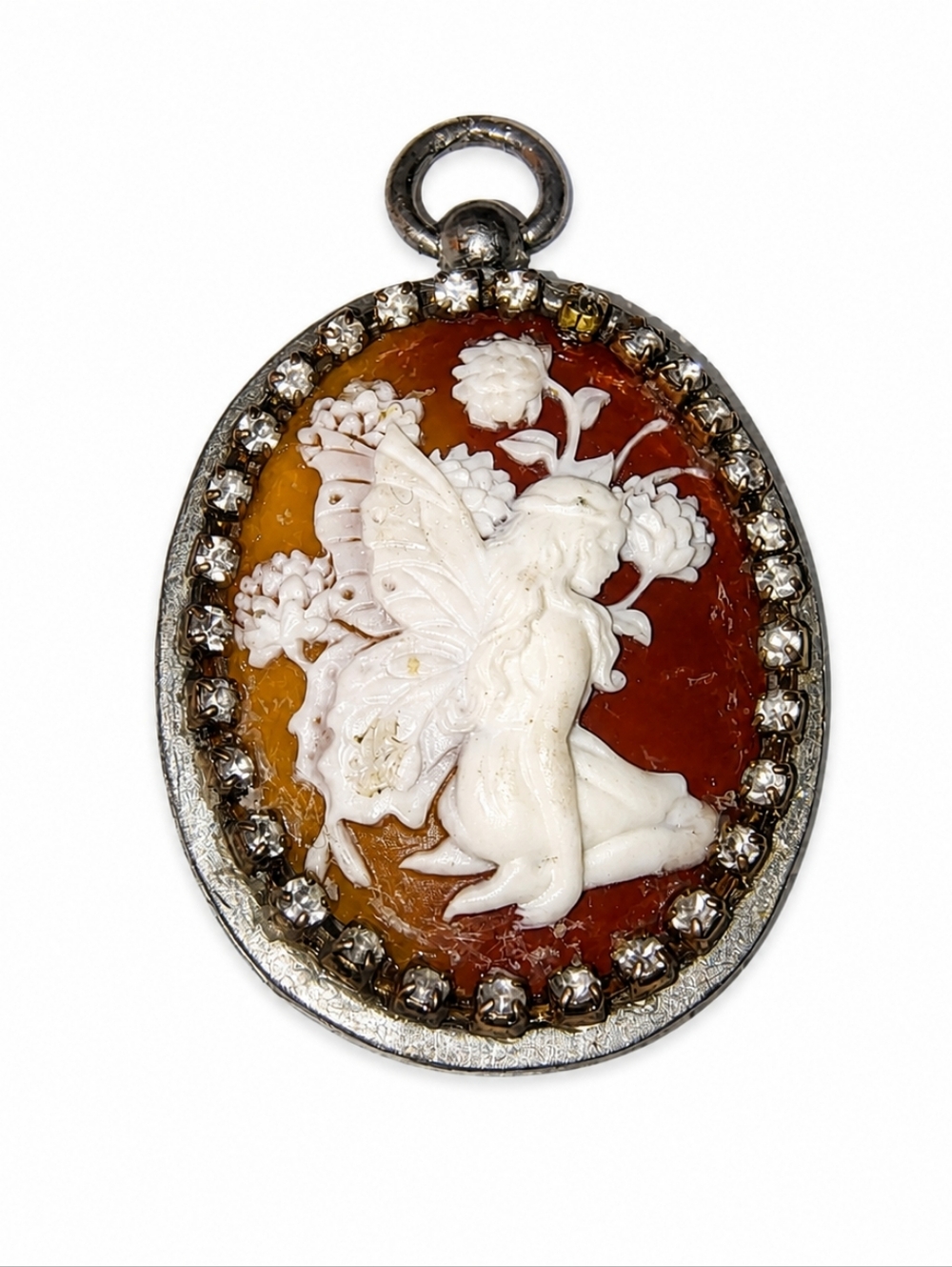 Vintage Fairy Cameo Pendant Rhinestone Halo Resin 1960s Fairycore